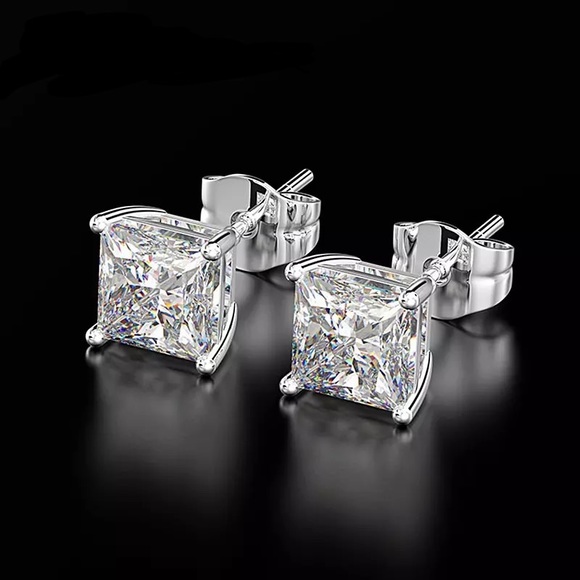 Princess Square Cut VVS1 Simulated Lab Diamond Sterling Silver Earrings Studs - Picture 4 of 16